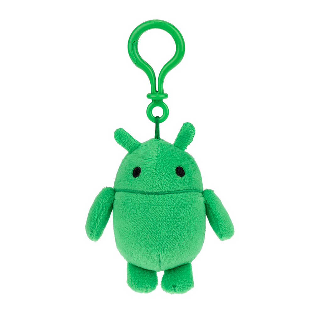 A small Bugdroid plushie with black embroidered eyes.