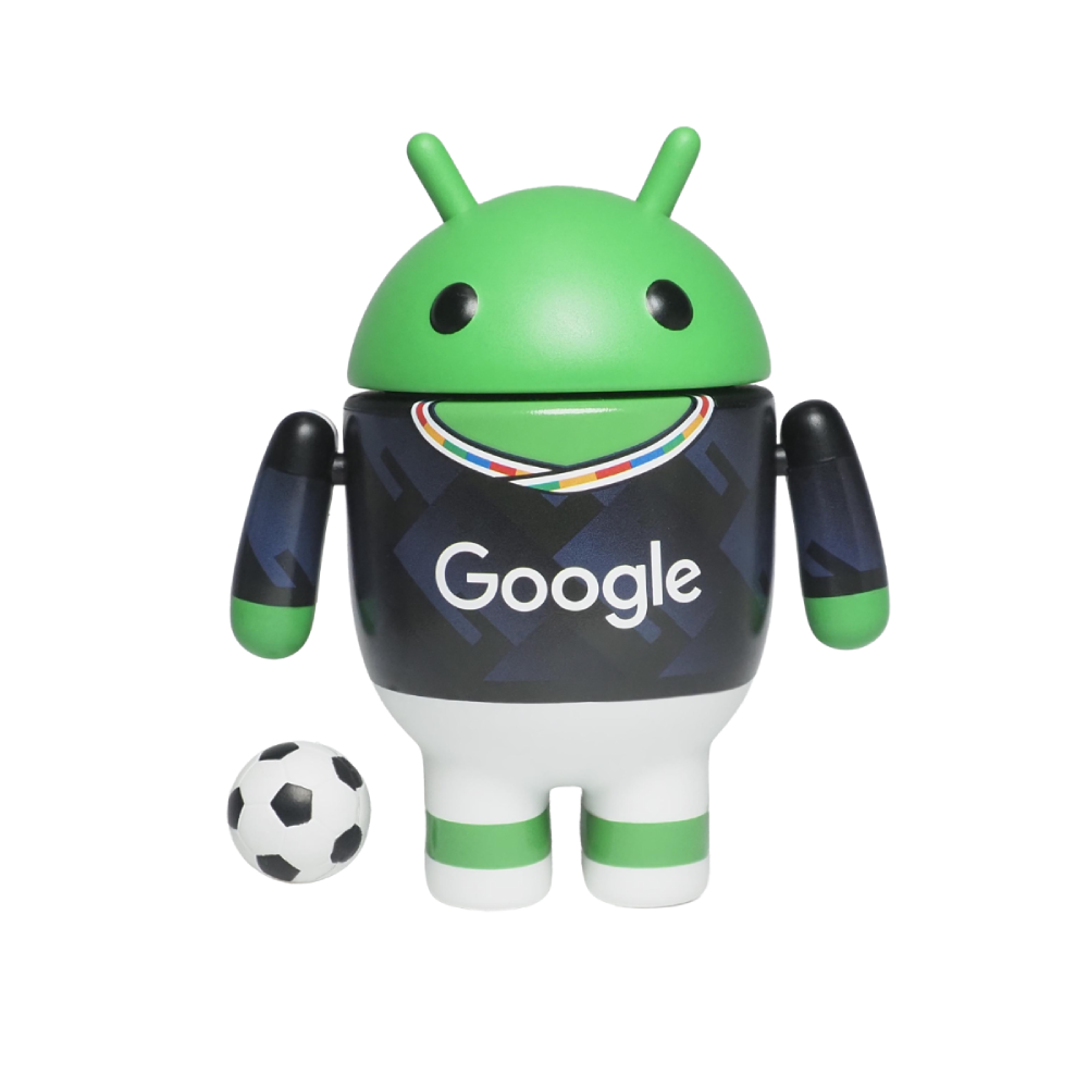 a bot figurine wearing sports clothes and has a soccer ball