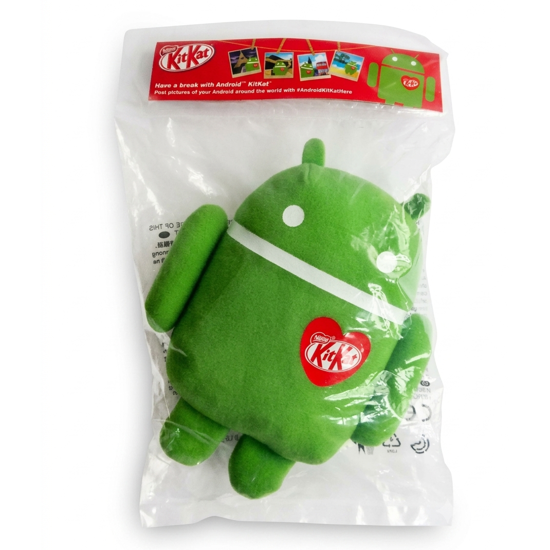 Bugdroid plush with a KitKat heart stamp on it, enclosed in a thin plastic bag