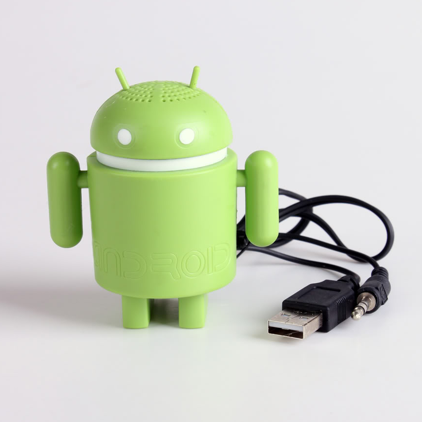 A portable speaker that is Bugdroid-modeled