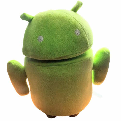 A wide Bugdroid plush