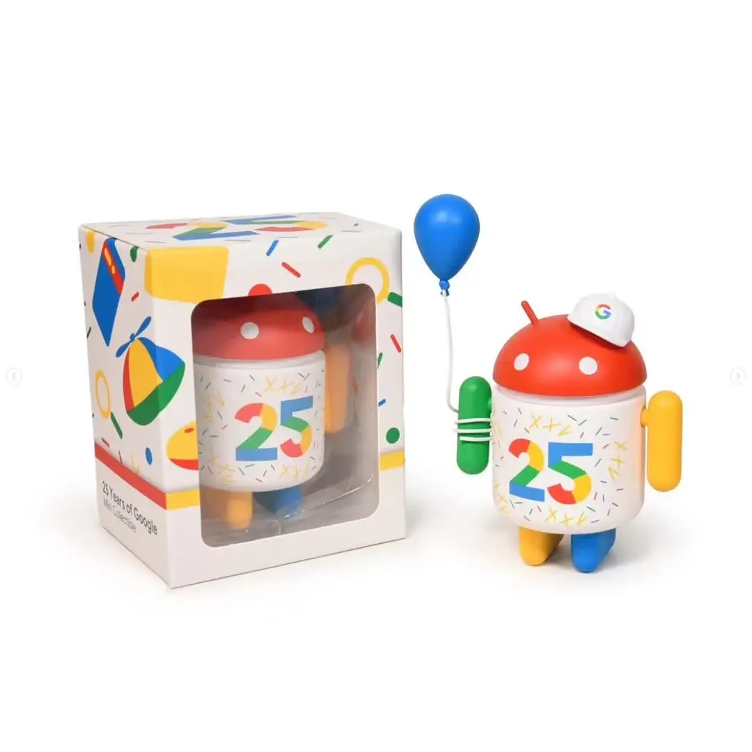 Google-styled bot figurine with a balloon