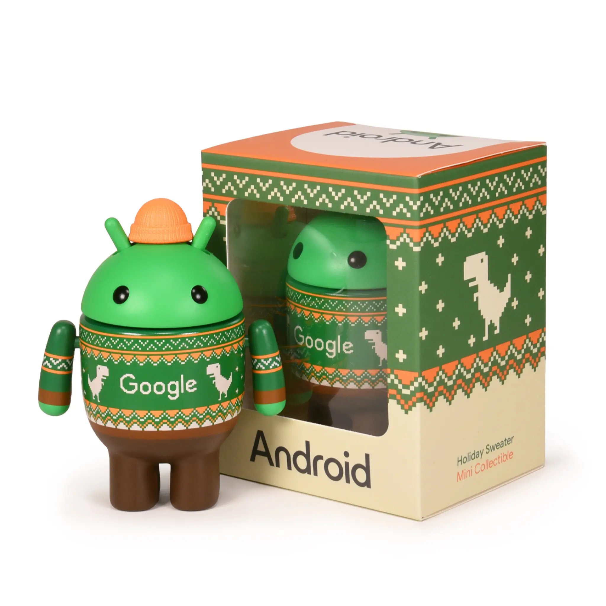 Chibi bot figurine in a holiday sweater and beanie