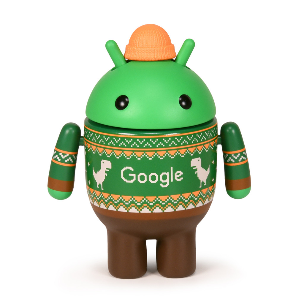 Chibi robot figurine in a holiday sweater and beanie