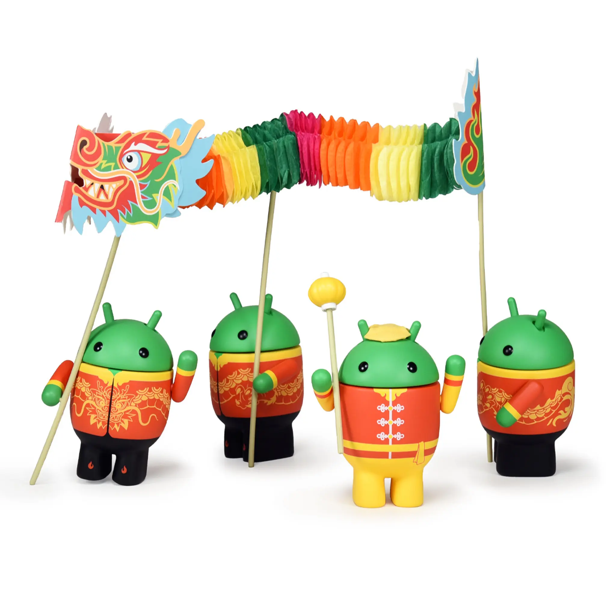Chibi green bot figurines holding a paper dragon