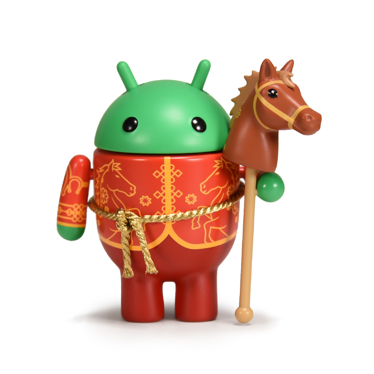 a bot figurine wearing lunar new year attire with a hobby horse