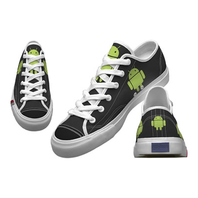Bugdroid-stamped on black sneakers.