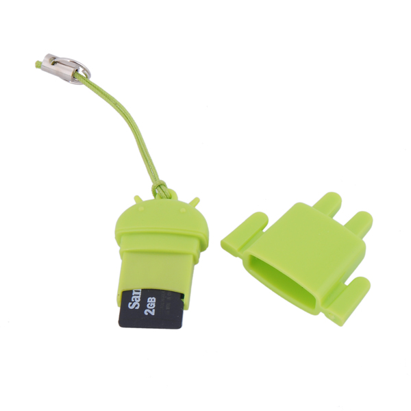 A Bugdroid-shaped MicroSD card reader with a tiny smartphone strap.