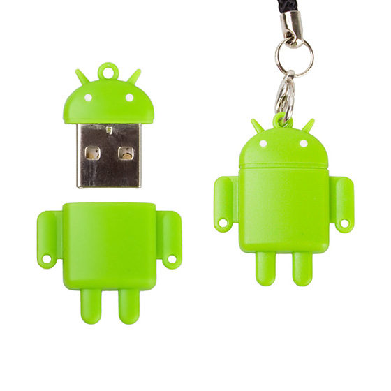 A Bugdroid-shaped MicroSD card reader, in use and not in use.