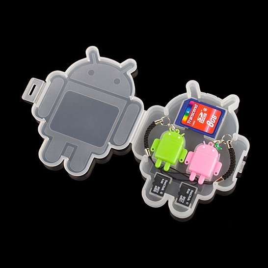 Clear Bugdroid-shaped SD Card storage case.