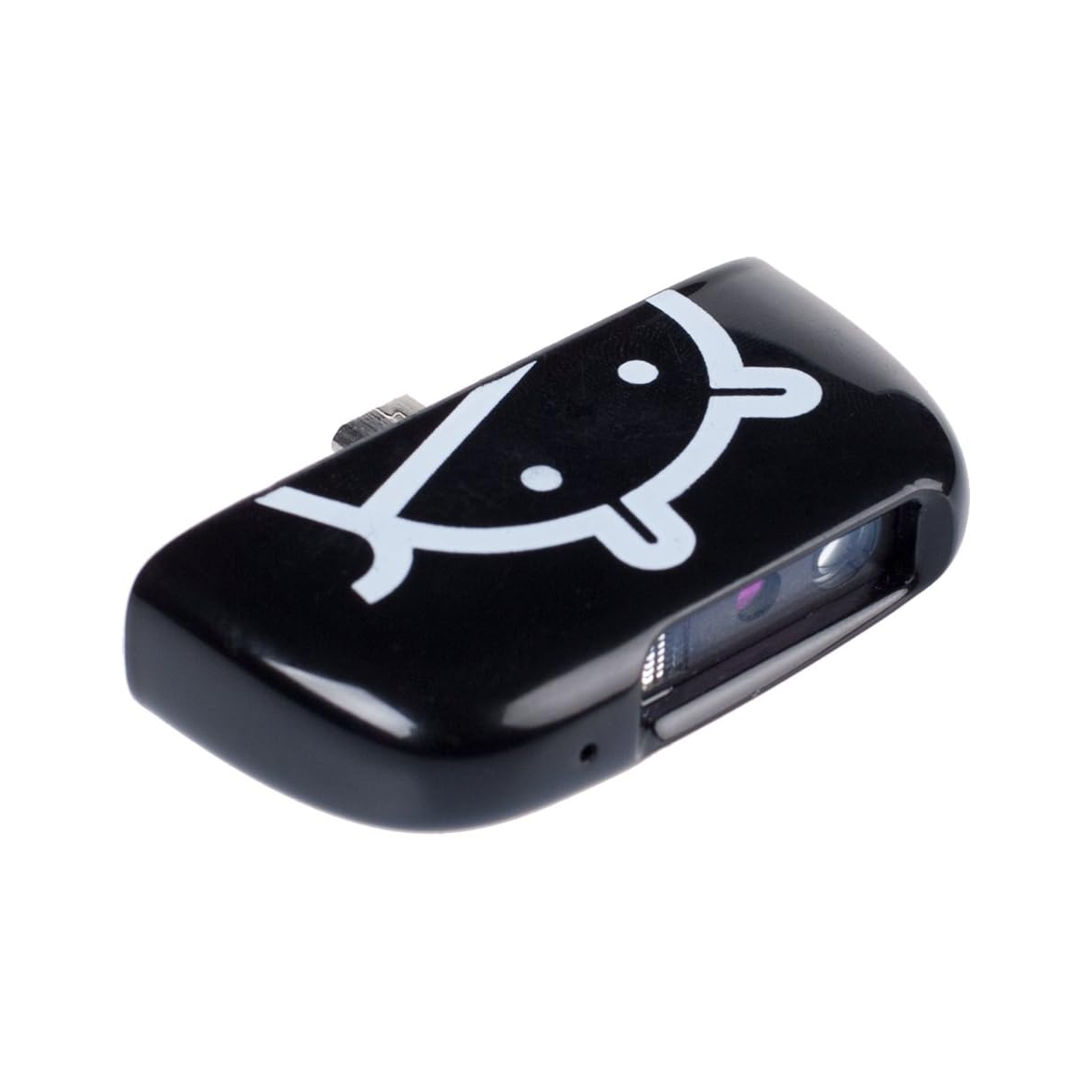 Mini black barcode scanner with an Android outline design on it.