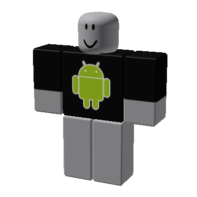 A blank Roblox R6 avatar with a black T-shirt with a Bugdroid on it